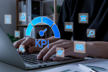 businessman data analysis KPI dashboard on laptop computer, online advertising technology, digital advertisement, key performance indicator, business financial strategy, online marketing concept
