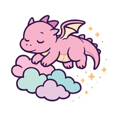 Fototapeta premium Adorable Pink Dragon Flying on Cloud – Fantasy Creature Vector Illustration