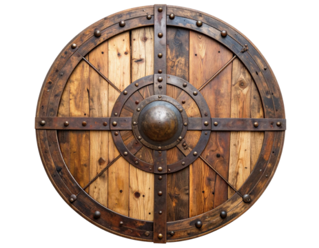 Cracked Wooden Shield with Rusted Iron Frame and Arrow Damage, isolated on transparent background
