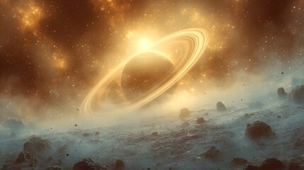 Cosmic Ringed Planet with Sparkling Dust and Debris