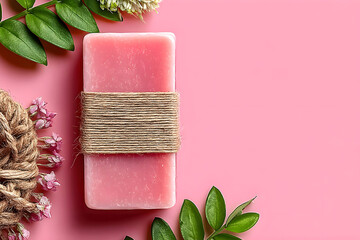 Pink soap bar wrapped in natural twine, surrounded by fresh green leaves and delicate flowers, set against a vibrant pink background, showcasing beauty and relaxation