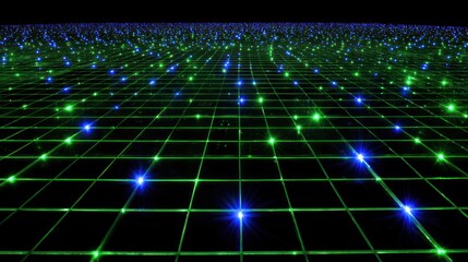 Grid of glowing green and blue lights on black background
