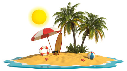 Summer vacation getaway with a tropical island, palm trees, surfboard, beach ball, starfish and sun umbrella.