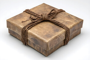 Brown gift box wrapped with natural twine, showcasing a rustic design, placed on a neutral background, ideal for holiday or special occasion gifting concepts