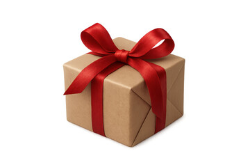 Obraz premium Brown gift box wrapped with red ribbon and bow, isolated on transparent background, perfect for celebrations, holidays, and special occasions