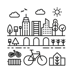 Naklejka premium Cityscape with Bikes and Nature Elements