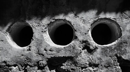 Aged stone wall with three circular holes