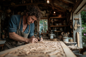 Masterful wood carving unfolds in a rustic garden studio at twilight