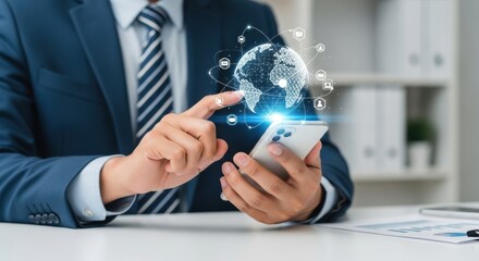 A man uses a smartphone with a digital globe interface