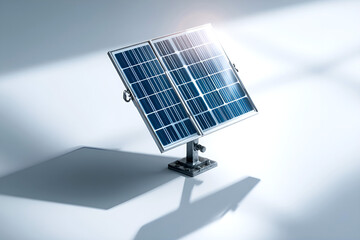 Solar panel with blue photovoltaic cells positioned at an angle, casting shadows on a bright surface, representing renewable energy and sustainable technology solutions