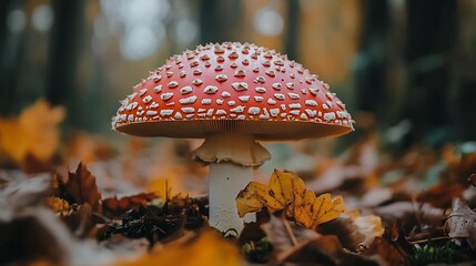Red toadstool in autumn forest