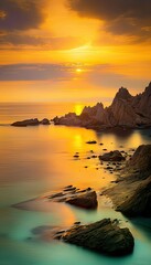 Golden Sunset Over a Rocky Coastline with Calm Ocean Waters