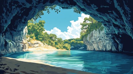 Cave opening reveals serene river, lush greenery, sunny sky