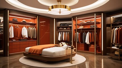 Burnt orange suite with embossed leather wall accents, minimalist wardrobe with brass edge detailing, walk-in closet with arched entry and backlighting -