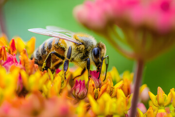Fototapeta premium Close-Up of a Bee on Colorful Flowers