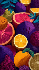 Dynamiczna ilustracja cytrusów: różowe grejpfruty, pomarańcze, limonki i ciemnofioletowe owoce, osadzone w gęstym, teksturowanym, fioletowym tle z liśćmi.