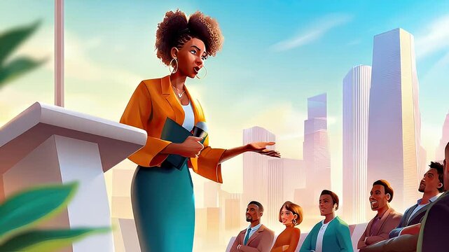Woman giving presentation cityscape illustration