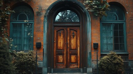 Ornate wooden door of old brick building with autumnal foliage