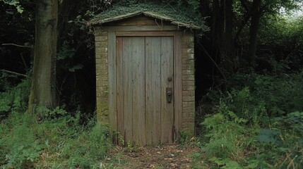 Wooden door shed in overgrown forest