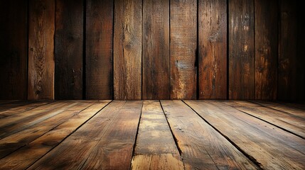 Rustic wooden interior display, empty room, dramatic lighting