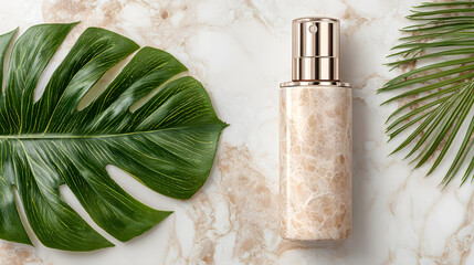 Elegant cosmetic bottle with marble texture placed on a marble surface, surrounded by lush green tropical leaves, creating a fresh and luxurious beauty product display