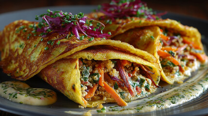 Savory quinoa crepes with veggies and creamy sauce delight