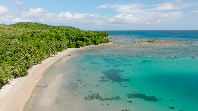 Azure waters with coral reefs along a pristine tropical beach, bordered by lush greenery and palm trees. Santa Fe, Tablas, Romblon, Philippines.