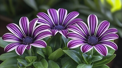 Close-up of three striped purple and white flowers in a pot, garden background.  Possible use  floral design, spring decor
