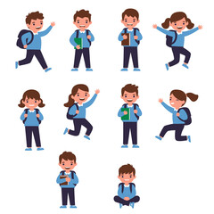 Happy diverse schoolchildren cartoon characters; various poses, backpacks, books; cheerful, playful mood; back-to-school theme; vector illustration; flat design style; bright colors; educational conce