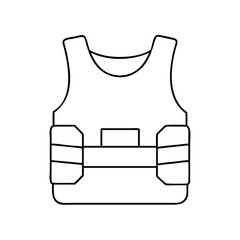 Simple line drawing of a life vest, showcasing its design features, including straps and buoyancy elements, representing safety and water activities in a minimalist style