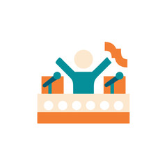 Colorful flat illustration of a joyful speaker at a podium, raising hands in excitement, surrounded by microphones, conveying a sense of enthusiasm and engagement in a public speaking event