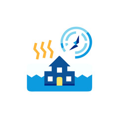 Illustration of a house surrounded by water, with rising temperature indicators and a compass, symbolizing climate change and its impact on residential areas and communities