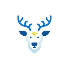 Stylized illustration of a deer head with antlers, featuring a minimalist design in blue and yellow, conveying a modern and artistic representation of wildlife