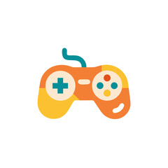 Colorful flat illustration of a gaming controller featuring buttons and a cable, representing the excitement of video gaming and interactive entertainment experiences