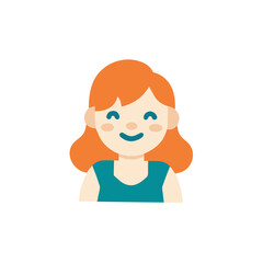 Colorful flat illustration of a cheerful girl with orange hair, smiling and wearing a teal shirt, showcasing a friendly and approachable character design for various creative projects