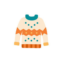 Colorful winter sweater illustration featuring geometric patterns and vibrant colors, perfect for seasonal fashion designs and cozy holiday themes with copy space