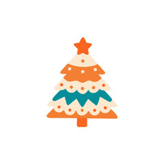 Colorful flat illustration of a stylized Christmas tree adorned with decorative elements, featuring vibrant layers and a star on top, perfect for holiday-themed designs and seasonal celebrations