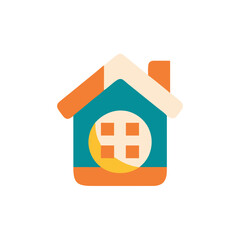 Colorful flat illustration of a modern house with a vibrant roof, circular window, and a sunny atmosphere, representing home design and architecture concepts in a playful style