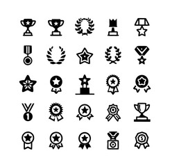 Victory and Achievement Line Icon Set – Thin Linear Vector Pictograms of Trophy, First Place Medal, Celebration, Laurel Wreath, Crown, Winner Podium and Award Symbols