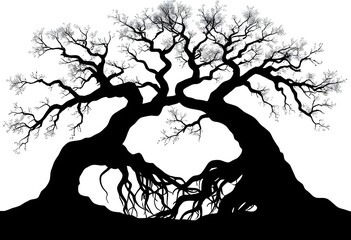 Striking silhouette of two intertwined trees with bare branches, forming a powerful natural embrace.