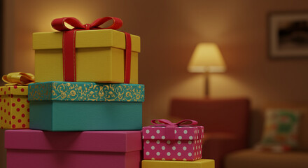 A stack of colorful, gift-wrapped presents sits on a table in a softly lit room.