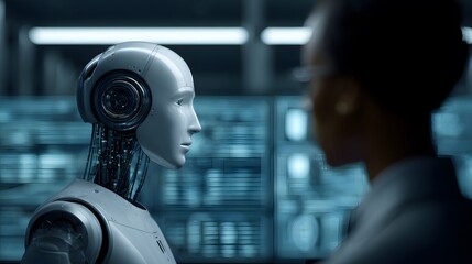 Human like AI robot working alongside person in a smart office analyzing data on a digital interface with ambient lighting and a futuristic work environment in the background