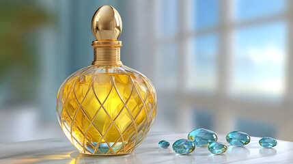 Elegant glass perfume bottle filled with golden fragrance, surrounded by sparkling blue gemstones, showcasing luxury and sophistication in a bright, airy setting