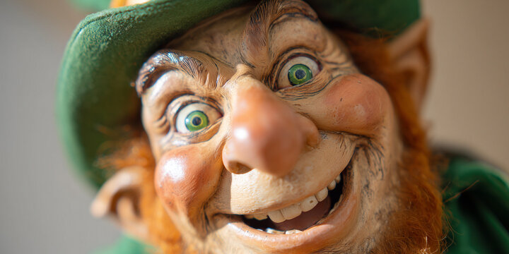 Fototapeta Złowrogi leprechaun z rudą brodą, intensywnie zielonymi oczami i szerokimi brwiami. Jego spojrzenie jest przenikliwe, kapelusz rzuca cień na twarz.