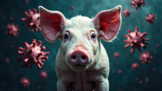 Pig surrounded by virus particles, symbolizing the transmission of zoonotic diseases, viral threats in livestock farming. Swine flu virus. African swine fever virus ASFV