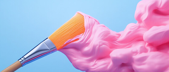 Brush creating pink paint swirls against a blue background.