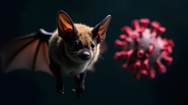 Close-up of a fruit bat surrounded by floating virus particles, symbolizing the potential transmission and zoonotic spillover of Marburg virus disease (MVD) and coronavirus infections, dark background