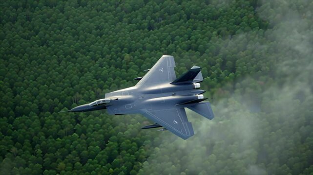 Stealth Fighter Jet Aerial Flight Over Lush Forest Military Aircraft Airborne Combat Aviation