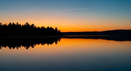 Fototapeta premium Tranquil sunrise reflects on the calm river, painting the morning sky with beautiful orange and blue hues over the summer landscape