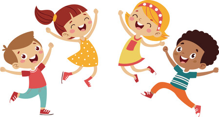 Naklejka premium Vector Illustration Of Children Playing Jumping kids. Happy funny children playing and jumping in different action poses education little team vector characters. Illustration of kids and children fun 